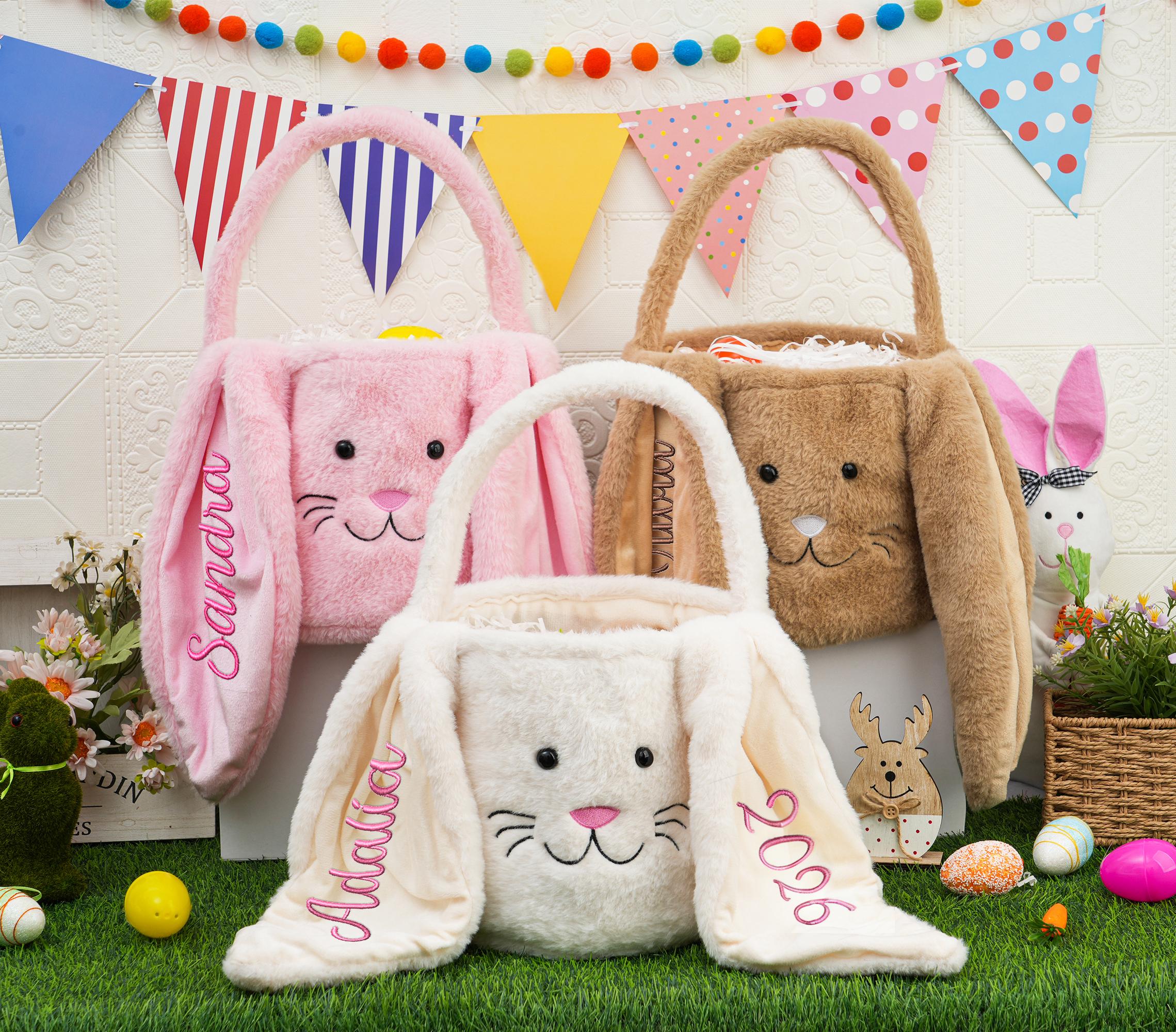 Discover Personalized Plush Easter Basket,Kids Bunny Basket with Name,Embroidered Name Easter Bucket,Custom Easter Bag,Easter Gifts for Girls Boys