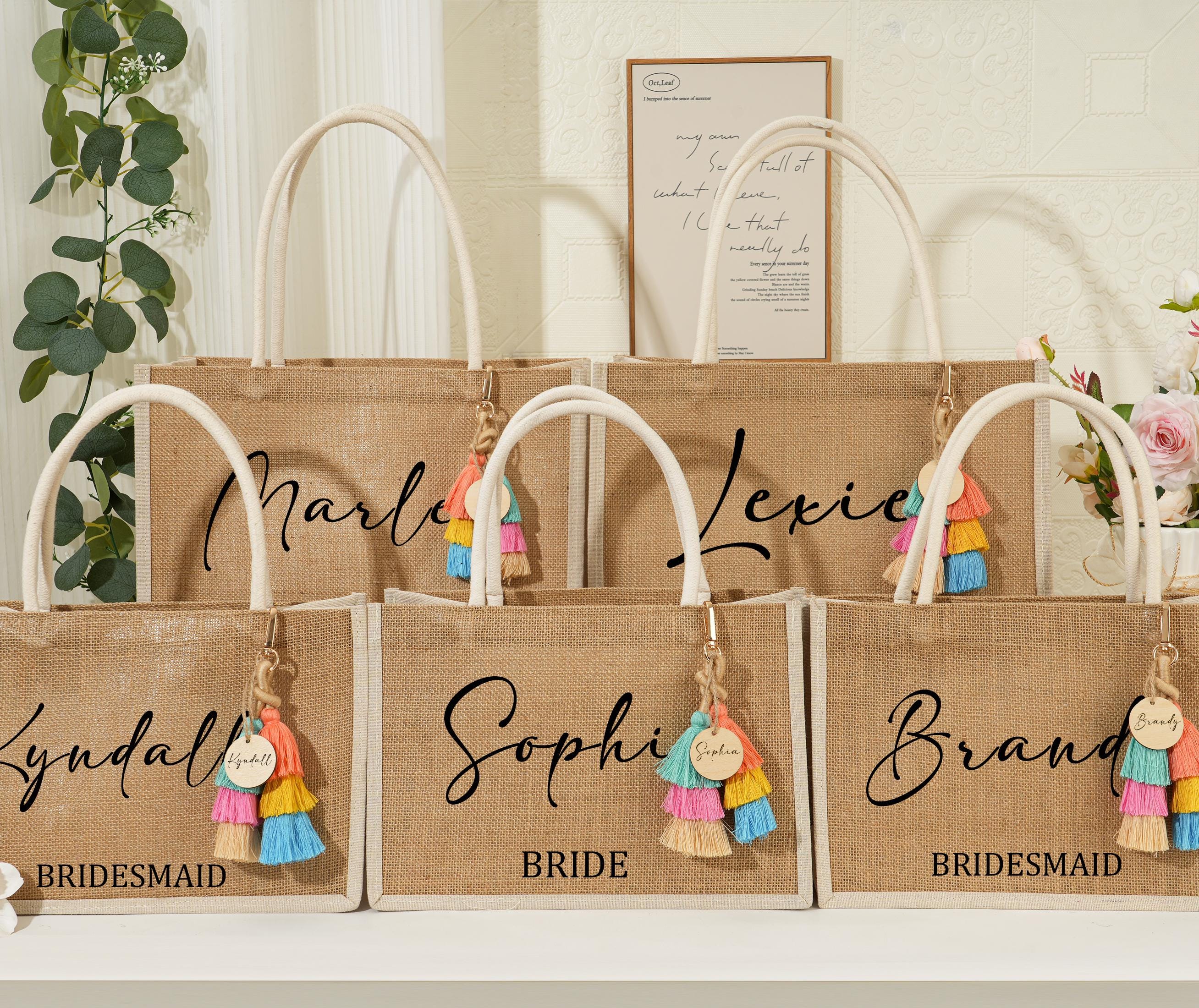 Custom Burlap gift Bag,Beach tote bag,Bachelorette Party Bag, Personalized Bridesmaid Gift Bag with charm,Bridesmaid Proposal Gift,Beach Bag