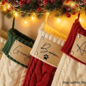 Custom Christmas Knitted Stockings, Personalized Stocking with Leather Patch, 2025 Christmas Stockings With Name, Family Christmas Stockings