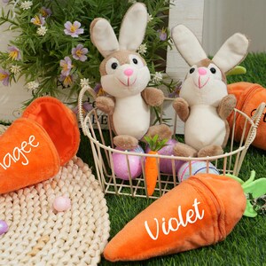May include: Three orange plush carrot-shaped pouches with zipper closures. The pouches are personalized with the names "Magee", "Violet", and "Jason". Two plush bunny toys are in the background.