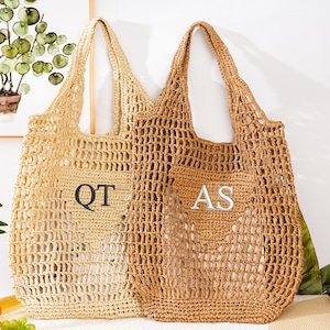 Henkeltasche mit Initialen, Strandtasche mit Stickerei, Personalisierte Strandtasche, Reisetasche für Mädchen, Raffia-Strandtasche, Junggesellinnenabschiedsgeschenktasche