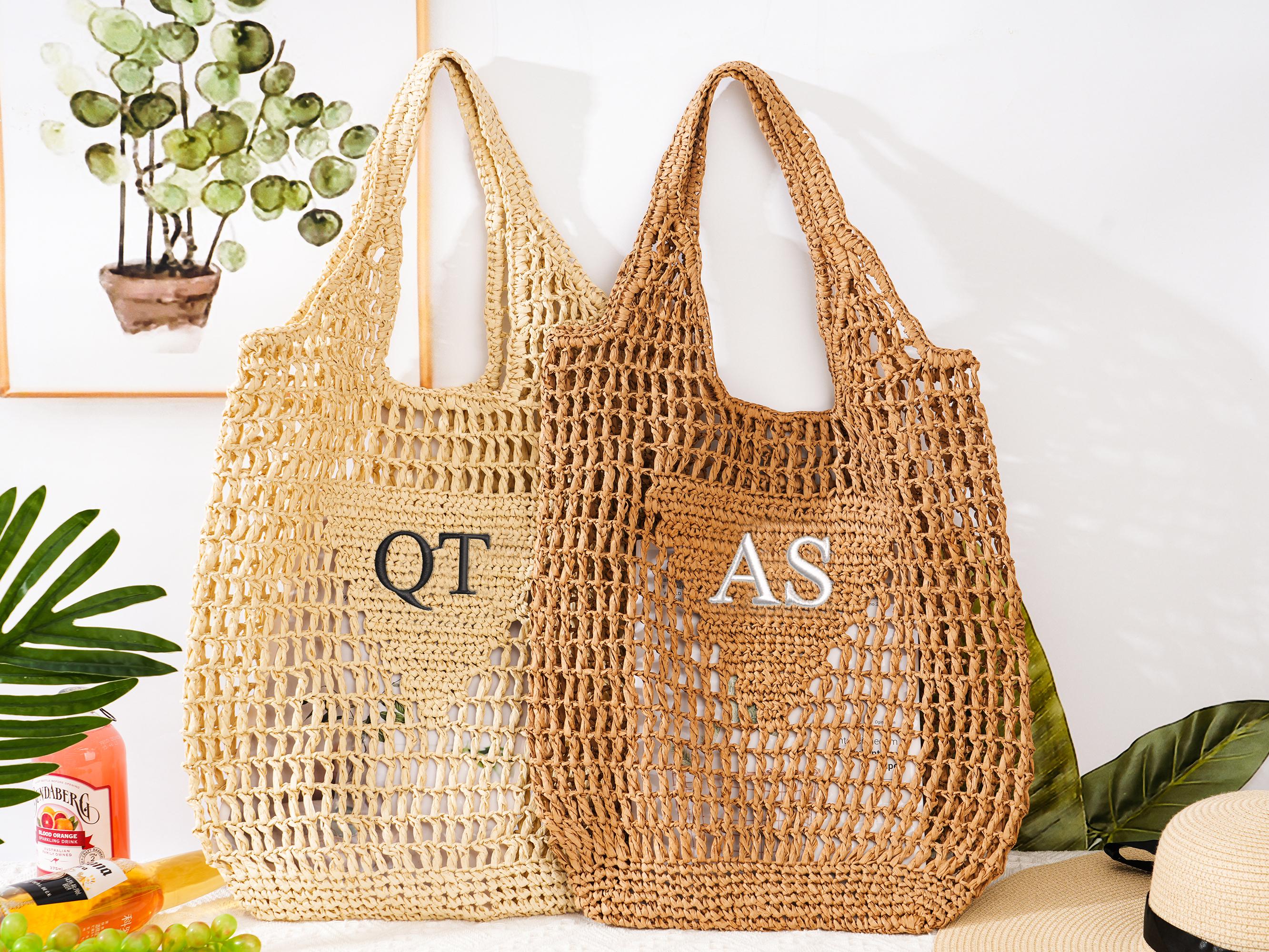 Custom initials handle bag,Embroidery beach bag,Personalized Beach Tote Bag,Girl travel tote bag,Raffia beach bagBachelorette party gift bag