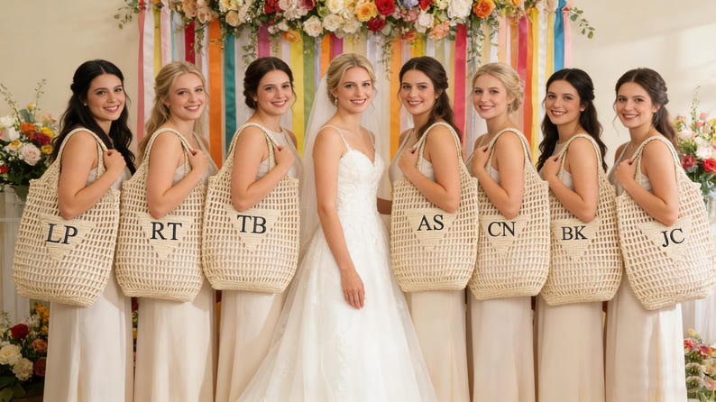 Puede incluir: Una novia y sus damas de honor posan con bolsos de mano tejidos con iniciales. La novia lleva un vestido de novia blanco, y las damas de honor visten vestidos a juego. El fondo presenta decoraciones coloridas.