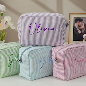 Personalized Seersucker Cosmetic Bag, Monogrammed Toiletry Bag,Bridesmaid Proposal Gift, Bridesmaid Makeup Bag, Cosmetic Pouch, Gift for Her