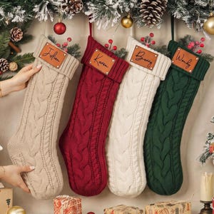 Calcetines navideños de punto personalizados, calcetines personalizados con parche de cuero, calcetines navideños 2026 con nombre, calcetines navideños familiares