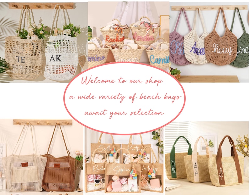 Puede incluir: Una colecci&oacute;n de bolsos de playa en varios estilos y materiales. Incluye bolsos tote tejidos, bolsos de malla y bolsos personalizados con nombres. La imagen tambi&eacute;n presenta el texto "Welcome to our shop, a wide variety of beach bags await your selection."