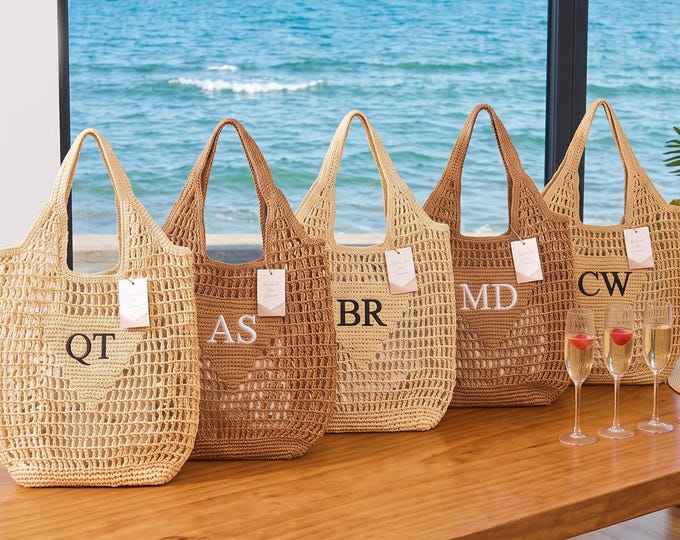 Custom initials handle bag,Embroidery beach bag,Personalized Beach Tote Bag,Girl travel tote bag,Raffia beach bagBachelorette party gift bag