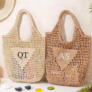 Bolsa de playa personalizada, bolsa con asa y iniciales personalizadas, bolsa de viaje para niñas, bolsa de playa de rafia, bolsa de regalo para despedida de soltera, bolsa de playa bordada