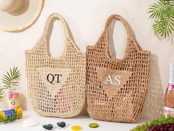 Personalized Beach Tote Bag,Custom initials handle bag,Girls travel tote bag,Raffia beach bagBachelorette party gift bagEmbroidery beach bag