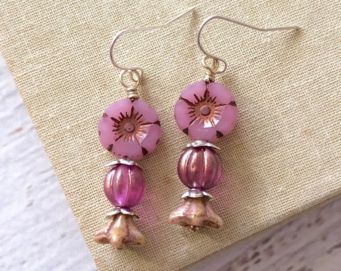 Featured listing image: Czech Glass Flower Earrings, Hibiscus Flower in Romantic Pink and Tan with Silver Toned Accents and Stainless Steel Ear Wires (DE4)