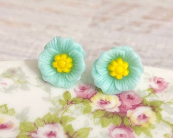 Aqua Poppy Heavily Carved and Detailed Flower Stud Earrings with Surgical Steel Posts (SE10)