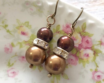 Pearl and Rhinestone Short Dangle Earrings in Warm Two Toned Browns with Surgical Steel Ear Wires
