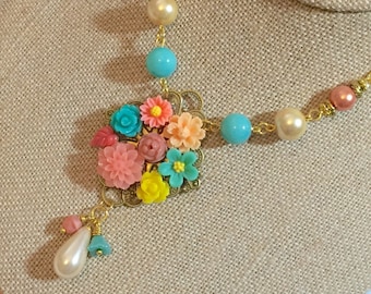 Flower Collage Necklace, Peach Aqua Pearl Floral Necklace, Statement Necklace, Pastel Necklace, Assemblage Necklace, Handmade KreatedbyKelly