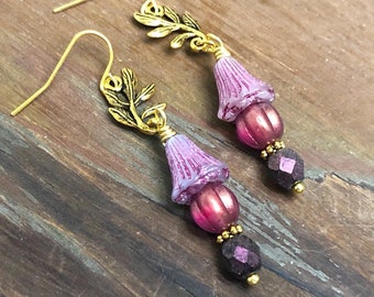 Czech Glass Flower Beaded Woodland Leaf Earrings in Lavender, Purple and Pink with Gold Toned Findings, Surgical Steel