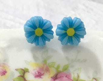 Little Blue Gerbera Daisy Stud Earrings with Surgical Steel Posts, Small Carved Spring Easter Daisies for Flower Girls and Weddings (SE18)