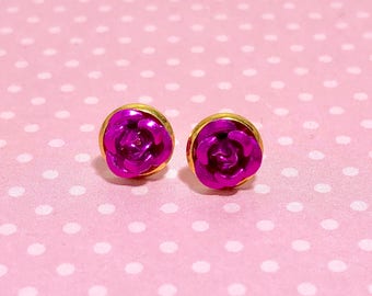 Tiny Little Purply Pink Fuchsia Metal Rose Flower Dainty Stud Earrings in Setting Like a Potted Plant