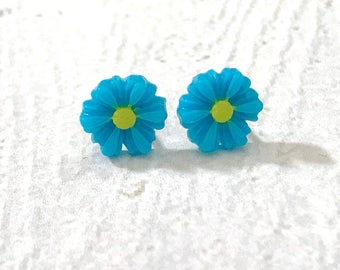 Little Bright Blue Gerbera Daisy Stud Earrings, Surgical Steel, Small Carved Spring Easter Daisies for Flower Girls and Weddings (SE18)