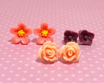 Flower Stud Earring Set with Peach Daisies, Brown Red Flower and Light Salmon Pink Carved Roses, Surgical Steel Posts