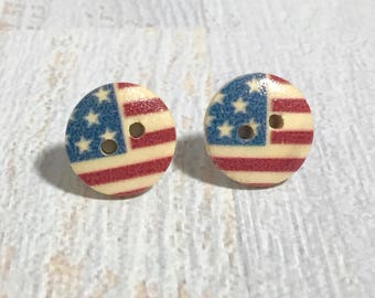 Painted Natural Wood American Flag USA Patriotic Button Stud Earrings with Surgical Steel Posts (SE22)