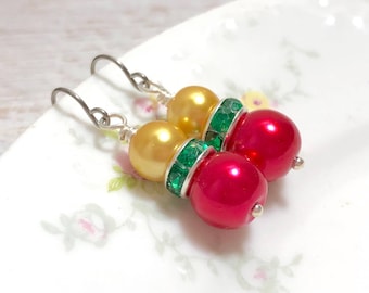 Glass Pearl and Rhinestone Dangle Earrings in Festive Red Green and Golden Yellow with Surgical Steel Ear Wires (DE3)