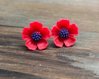 Red Petals and Blue Center Cherry Blossom Sakura Flower Stud Earrings with Surgical Steel Posts (SE13)