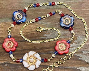 Czech Glass Beaded Patriotic Flower Necklace in Red, White and Blue for USA Military Pride Attire