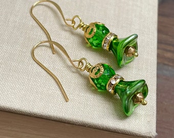 St. Patrick's Day Earrings, Sparkling Green Czech Glass Flower and Rhinestone Dangle Earrings (DE5)