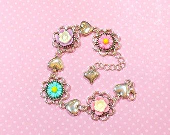 Nature Bracelet Floral Assemblage Cuff Bracelet Pink Purple Mint Green KreatedbyKelly Pastel Flowers Cuff Bracelet Woodland Bracelet