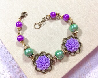 Nature Bracelet Floral Assemblage Cuff Bracelet Pink Purple Mint Green KreatedbyKelly Pastel Flowers Cuff Bracelet Woodland Bracelet