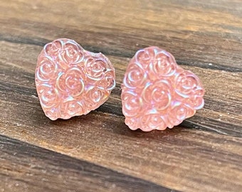 Pink Rose Studs, Pink Heart Studs, Iridescent Heart Stud, Pretty Floral Studs, Stainless Steel Studs, Wedding Earrings (SE4)