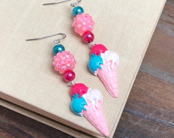 Whimsical Fun Kawaii Ice Cream Cone Beaded Novelty Dangle Earrings with Surgical Steel Ear Wires, Sweet Treat Food for Your Ears