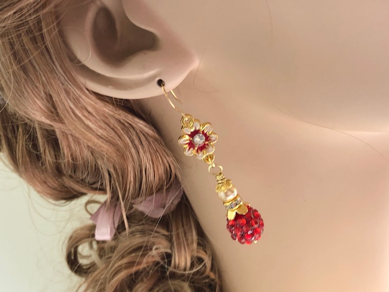Enameled Metal Red Rhinestone Flower Earrings with Sparkly Ball Bead Rhinestone Gold Toned Findings and Pearl Dangle