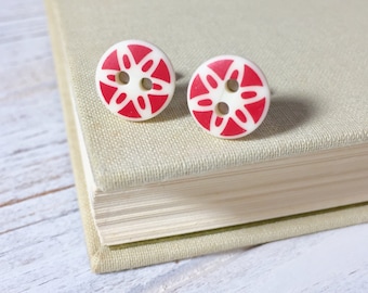 Red Daisy Studs, Vintage Button Studs, Red Sewing Button Earrings, Red Flower Earrings, Handmade Button Jewelry By KreatedByKelly (SE3)