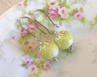 Iridescent Textured Lime Green Glass Bead Earrings with Silver Toned Accents and Surgical Steel Kidney Ear Wires, Candy Ball Drops (DE1)