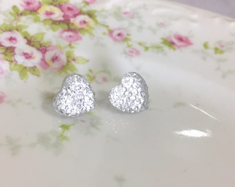 Little Clear Sparkling Bumpy Druzy Valentine's Day Heart Stud Earrings with Surgical Steel Posts (SE13)