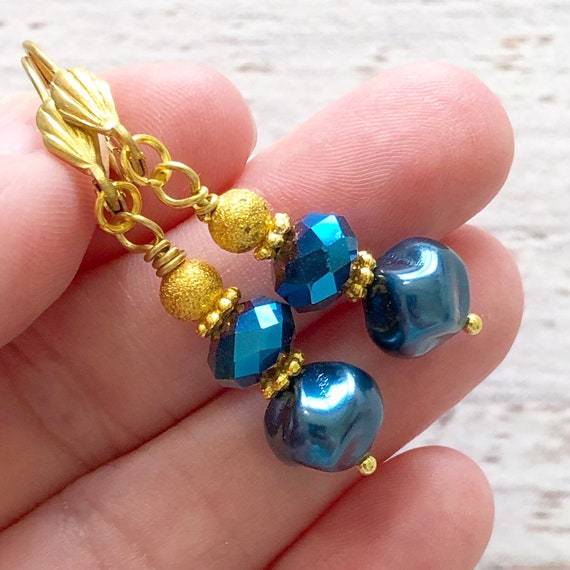 gold bubbles and silver hooks Regal blue pink and gold glass bead earrings made with lapis lazuli beads