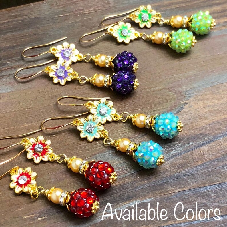 Enameled Metal Red Rhinestone Flower Earrings with Sparkly Ball Bead Rhinestone Gold Toned Findings and Pearl Dangle