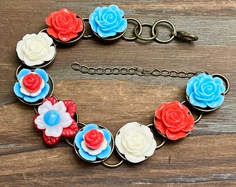 Turquoise, Red and White Flower Power Bracelet