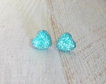 Little Aqua Sparkling Bumpy Druzy Valentine's Day Heart Stud Earrings with Surgical Steel Posts (SE13)