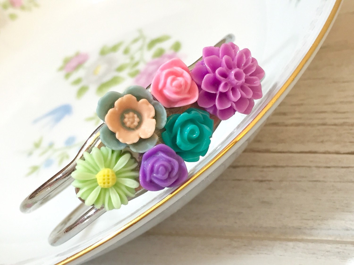 Floral Assemblage Cuff Bracelet, Pastel Flowers Cuff Bracelet, Woodland