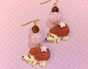 Kawaii Hedgehog with Pink Flower Beaded Novelty Dangle Earrings with Surgical Steel Ear Wires