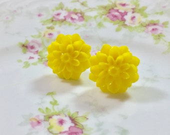 Bright Yellow Chrysanthemum Flower Earrings, Bridesmaid Gift Studs, Yellow Flower Stud Earrings, Surgical Steel Stud, Yellow Mum Stud