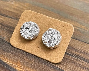 Silver Druzy Studs, Sparkling Silver Studs, Silver Stud Earring, Silver Drusy Stud, Druzy Jewelry, Surgical Steel Stud, KreatedByKelly (SE2)