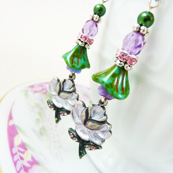 Purple Flower Earrings, Flower Dangle Earrings, Rhinestone Flower Earrings, Czech Glass, Vintage Style Earrings, Handmade By KreatedByKelly