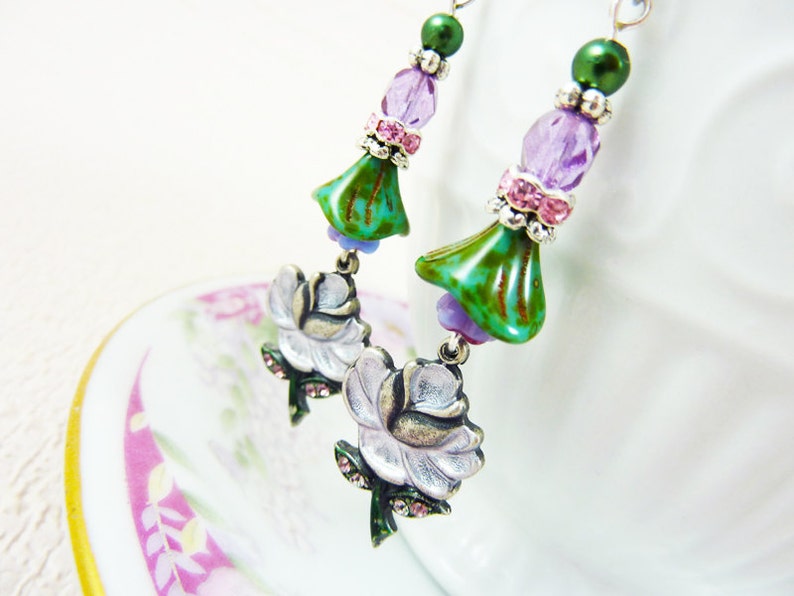 Purple Flower Earrings, Flower Dangle Earrings, Rhinestone Flower Earrings, Czech Glass, Vintage Style Earrings, Handmade By KreatedByKelly image 1