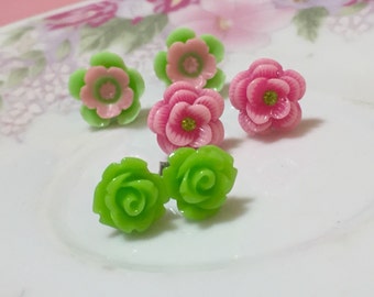 Stud Earrings Set, Lime Green and Pink Earring Set, Pink Rhinestone Rose Studs, Lime Green Daisy Studs, Floral Studs, KreatedByKelly (ES1)