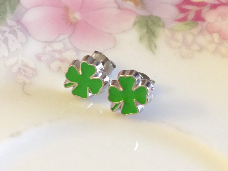 St Patrick's Day Earrings, Green Shamrock Earrings, Green Clover Earrings, Irish Green Leaf Earrings, Enameled Metal Earrings SE17 image 5