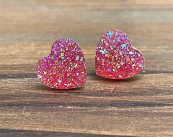 Faux Druzy Heart Studs, Sparkly Fuchsia Earrings, Pink Heart Studs, Valentine's Earrings, Flower Girl Earrings, KreatedByKelly (SE1)