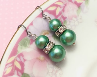 Green Pearl Earrings, Green Rhinestone Earrings, Green Pearl Drop Earrings, Short Dangle Earrings, Green Earrings, KreatedByKelly