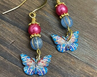 Fanciful Lightweight Butterfly Dangle Earrings in Pink and Blue with Hypoallergenic Ear Wires